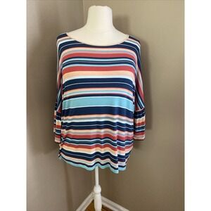Ruby Rd Blue Multi Stripe Rayon Blend 3/4 Bell Sleeve Blouse Top Size 1X